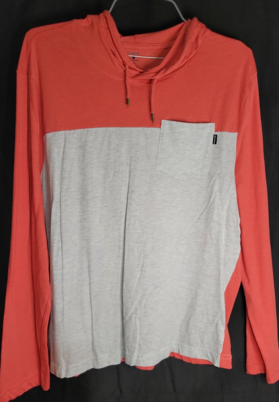 Hurley Coral Red and Light Gray Long Sleeve Hooded Tee